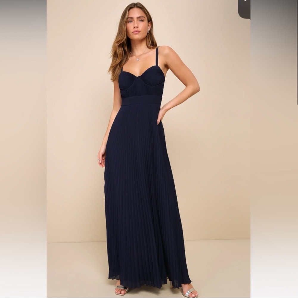 Lulu’s Certainly Lovely Navy Blue Pleated Bustier Maxi Dress